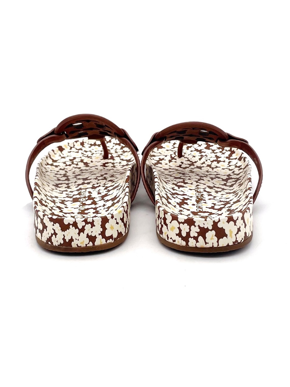 Tory Burch Miller Cloud Sandals Sz 8.5 Brown Floral Logo Leather Flip Flop Slide - Picture 10 of 16